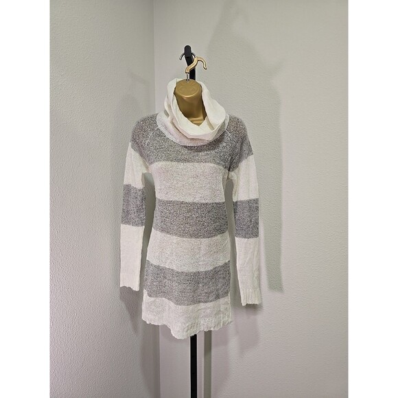 Mohair Wool Blend Y2K Wide Stripe Sweater Tunic Womens Med Cream Gray Minimalist - Picture 8 of 8